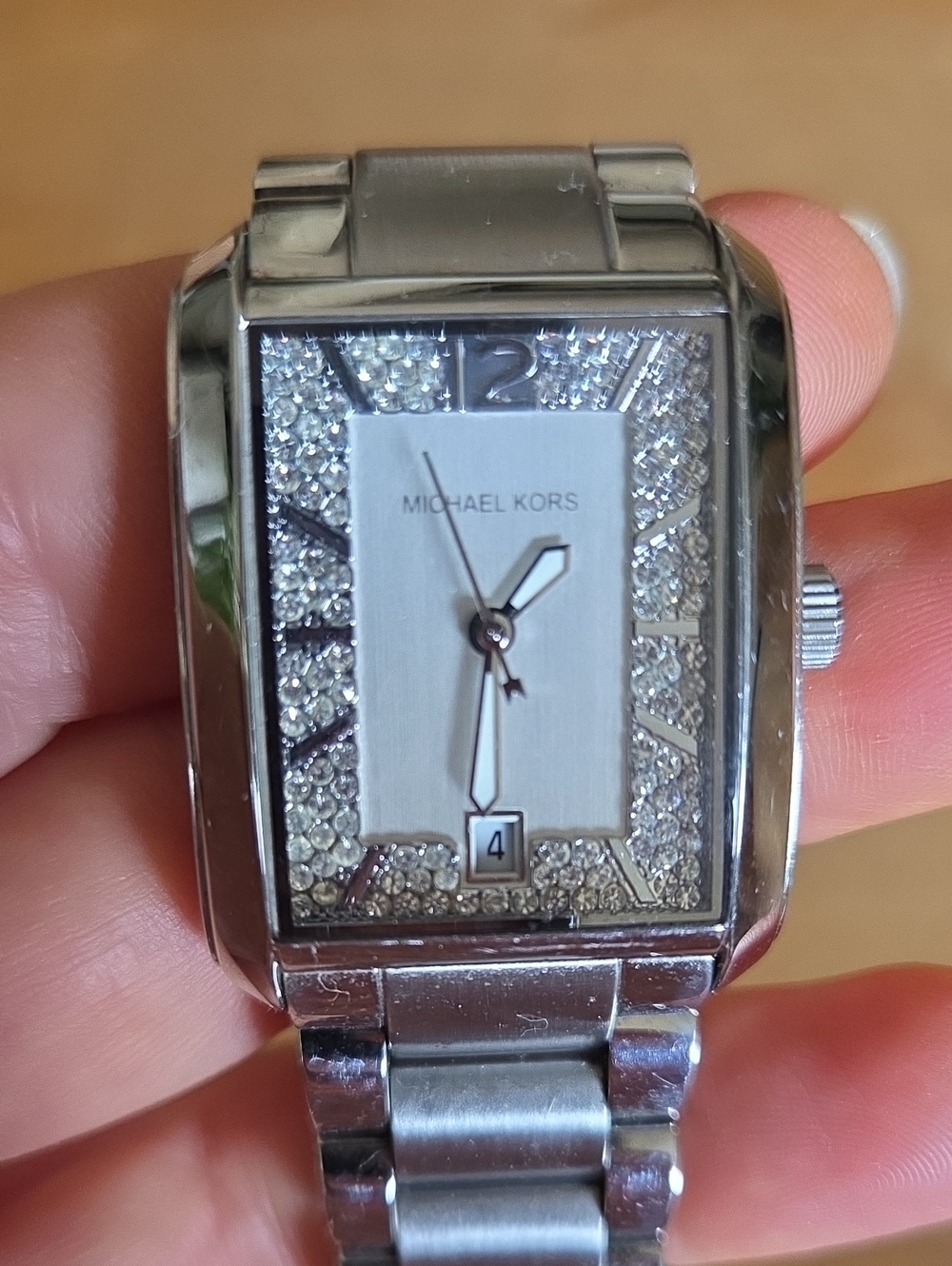 Michael Kors Silver Crystal-Trim Rectangular Bracelet Watch